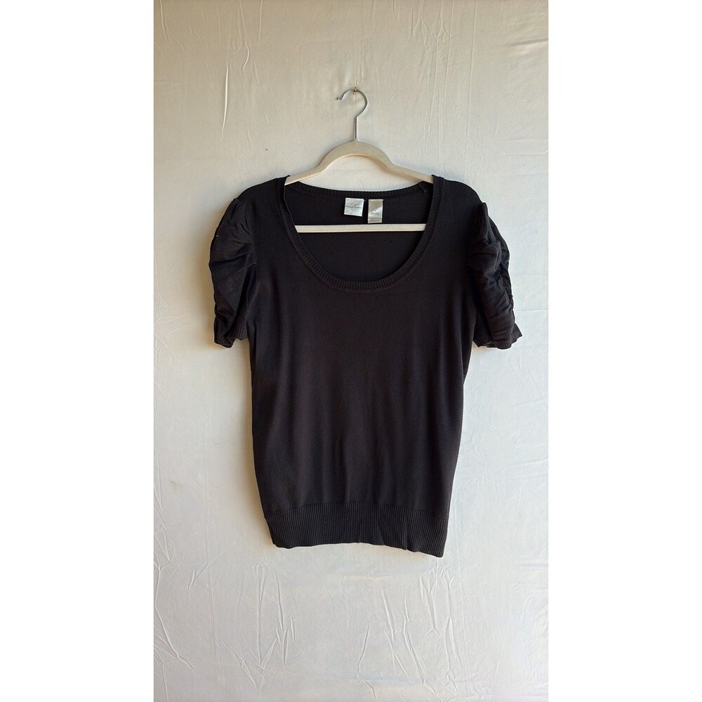 Emma James Black Short Sleeve Puff Shoulder Knit Top Small